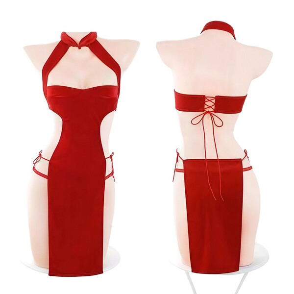 Drunk cellar red silk velvet high-slit cheongsam lingerie for women - seductive chinese-style costume outfit with back tie de...