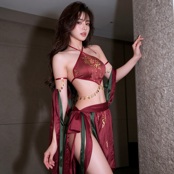 Vintage chinese design featuring sheer belly dance bodice and open-crotch bralette, adorned with intricate gold patterns and ...