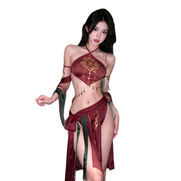 Vintage chinese design featuring sheer belly dance bodice and open-crotch bralette, perfect for belly dancing performances.