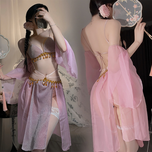 Dunhuang feitian dance costume - chinese ancient style sensual hanfu lingerie, no-remove design, pink silk overlay with embel...