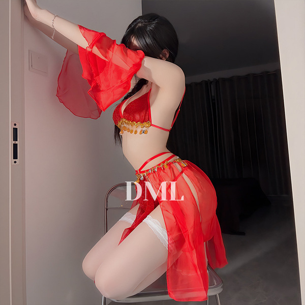 Dunhuang feitian dance costume - chinese ancient style erotic hanfu lingerie, no-remove sensual outfit featuring vibrant red ...