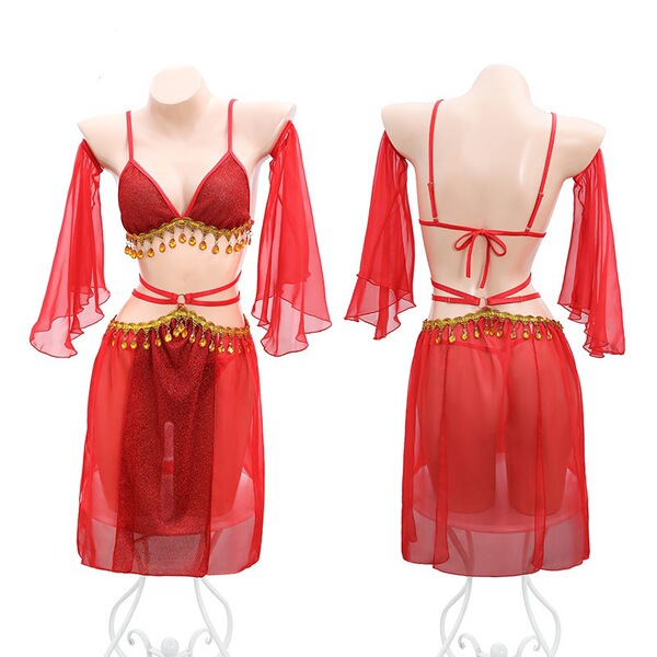 Dunhuang feitian dance costume - chinese ancient style sensual hanfu lingerie, no-remove design, red color with gold accents,...