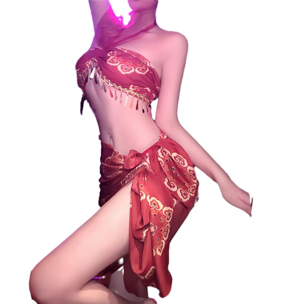 Dunhuang flying apsara erotic lingerie set – gold-embossed sheer hanfu-inspired bodysuit with flowing skirt