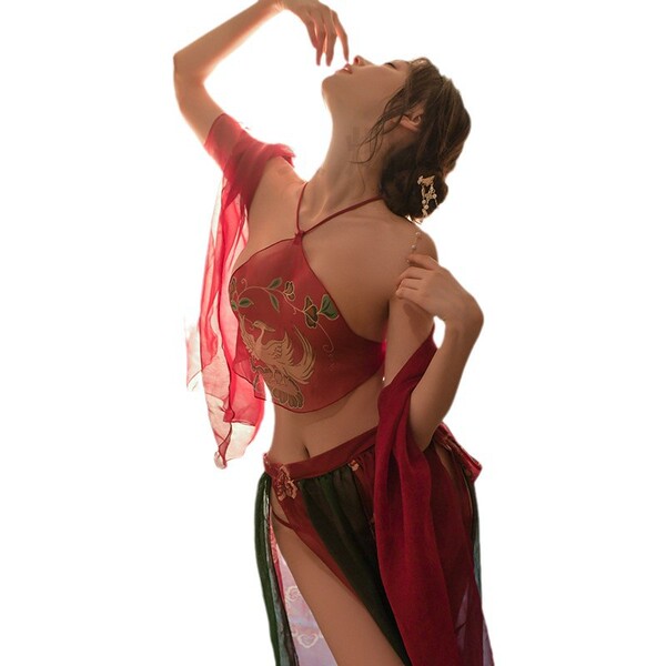 Dunhuang flying apsara lingerie set featuring an embroidered hanfu-style bodysuit with a flowing red scarf, perfect for elega...