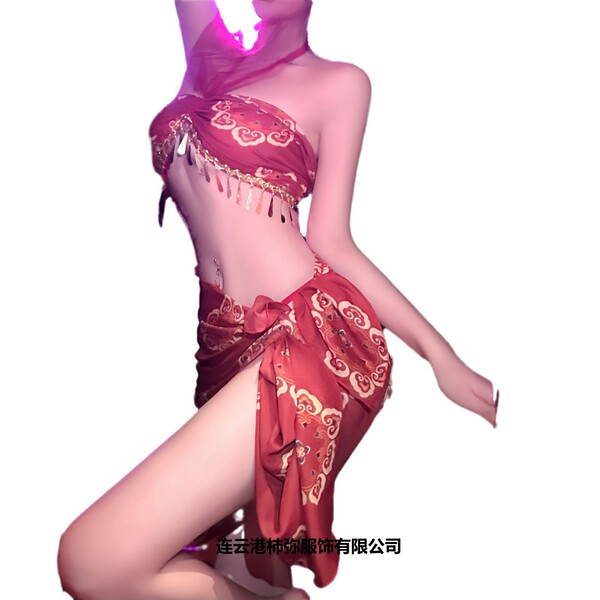 Dunhuang flying apsara lingerie set featuring a sheer mesh bustier with gold embossing and flowing skirt.