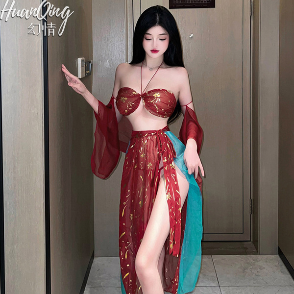 Dunhuang flying apsara lingerie set - sexy sheer gold-embossed hanfu-inspired costume featuring a red floral top with sheer s...