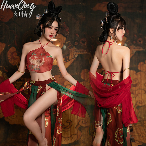 Huangqing dunhuang flying apsara silk sleepwear set - sensual hanfu-inspired bodysuit & vintage-style belly band, featuring i...