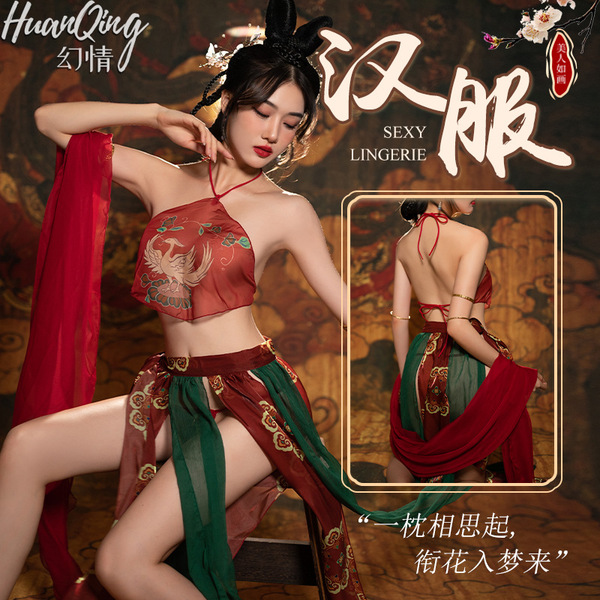 Dunhuang flying apsara silk sleepwear set - sensual hanfu-inspired bodysuit & vintage-style belly band