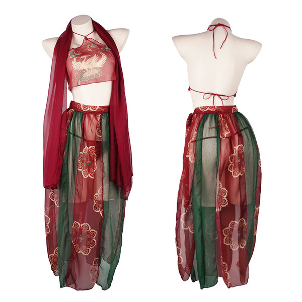 Dunhuang flying apsara silk sleepwear set - sensual hanfu-inspired bodysuit & vintage-style belly band