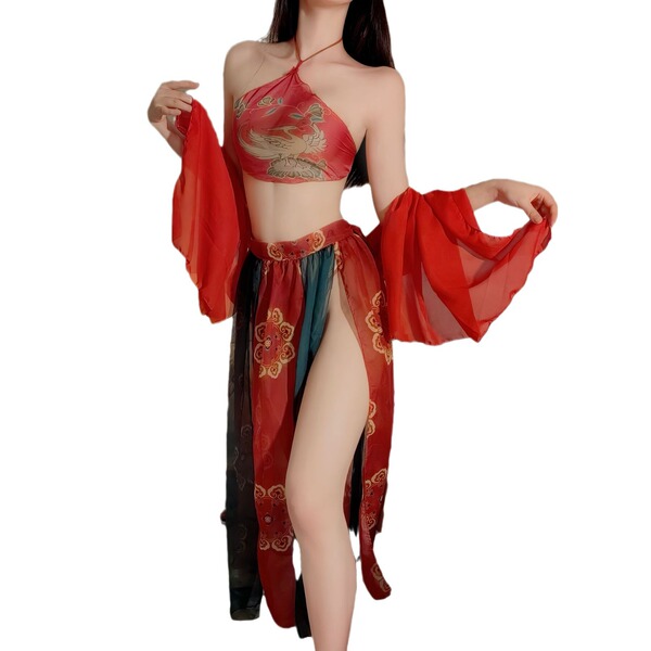 Woman wearing red dunhuang flying apsaras lingerie with sheer mesh sleeves and imperial court-style hanfu sleep dress.