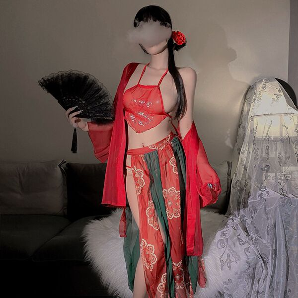 Vintage Chinese-Style Lingerie Set - Plus Size Silk Qipao Role Play Outfit for Sensual & Elegant Wear - Dunhuang [Outerwear + Bellyband + Striped Skirt + Underwear]
