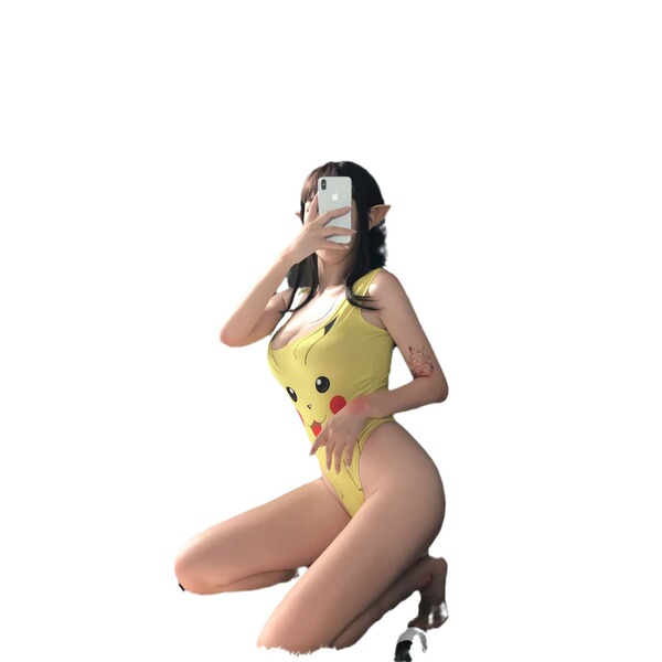 Woman in yellow pikachu-themed bodysuit taking a selfie, showcasing the dva cosplay costume - overwatch womens sexy bodysuit ...