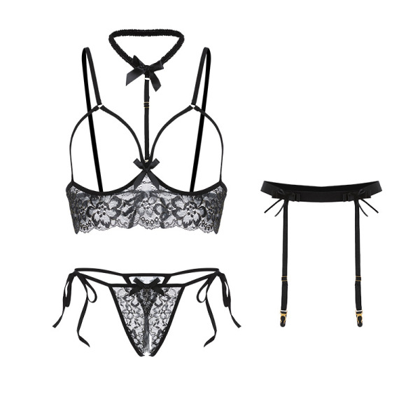 Black lace lingerie set with butterfly knot details, featuring a bra, thong, and garter belt for a seductive look.