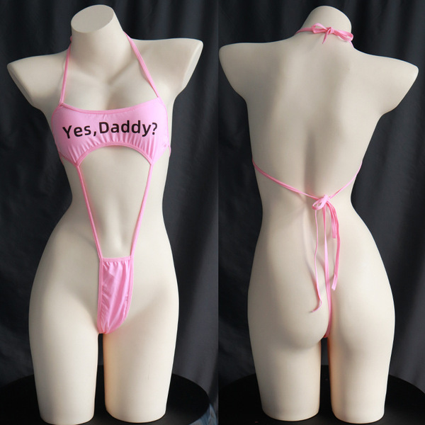 Pink yes, daddy? lingerie set on mannequin – playful halter top with thong back tie, plus size & small bust friendly dz4099.