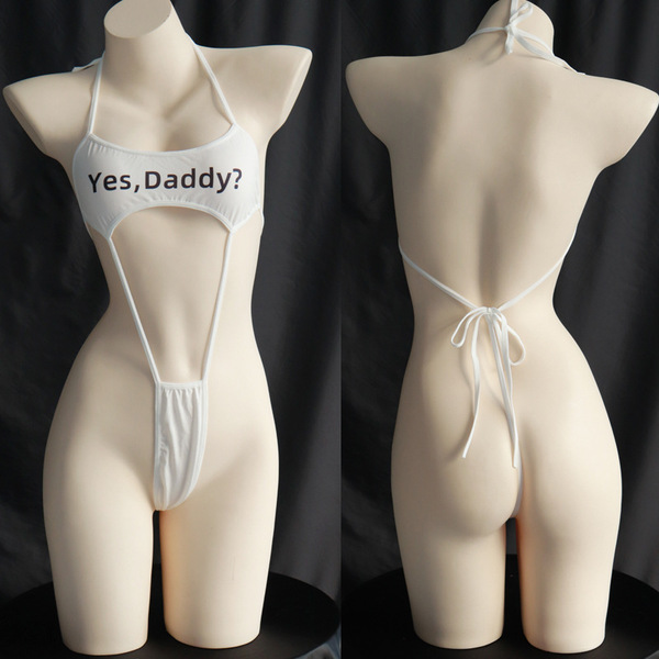 White yes, daddy? lingerie set on mannequin – playful yet modest design with adjustable straps and back tie.