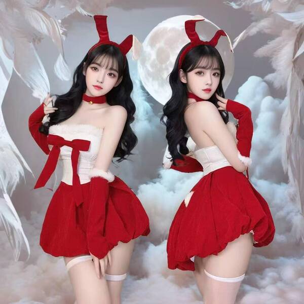 Sexy New Year Christmas Costume Lingerie Velvet Nightgown Role Play Outfit Set - 518【Earrings, Strapless Dress, Hand and Neck Rings】