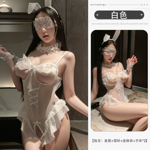 Sensual Bunny Girl Lingerie Set – Pure & Playful Erotic Outfit for Date Night & Role Play - White [earrings + neck ring + bodysuit + 2 bracelets] + blindfold