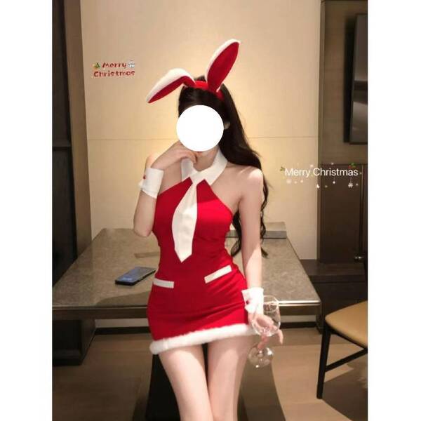 Sexy New Year Christmas Costume Lingerie Velvet Nightgown Role Play Outfit Set - 672 [Ears, tie, shirt, sleeves]