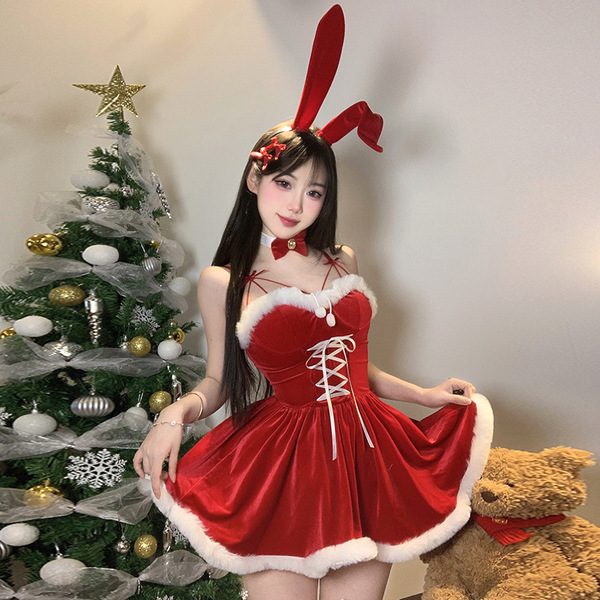 Red Bunny Girl Christmas Outfit - Sexy Holiday Lingerie Set & Pure-Temptation Slip Dress for Women - 9909 [Ears + Sundress + Bell Necklace]