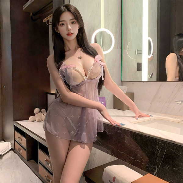 Pure & Seductive Pearl Sheer Lace Sleep Dress – Sensual Floral Print Bedroom Lingerie for Women - Taro purple + white fishnet stockings