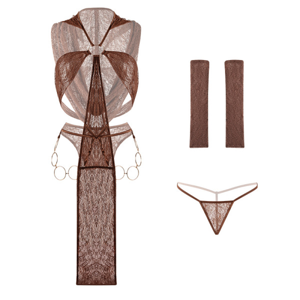 Brown lace egyptian queen lingerie set with split dress, thong, and arm cuffs for wild temptation role play.
