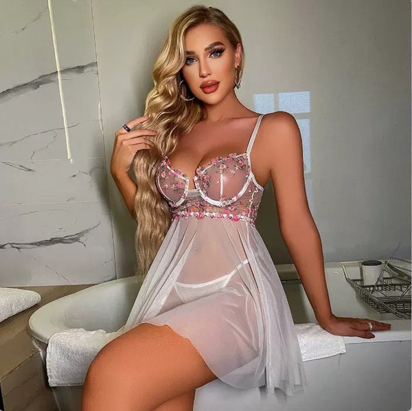 Elegant lace sleep dress with underwire support, sheer mesh design, perfect for sexy nightwear.