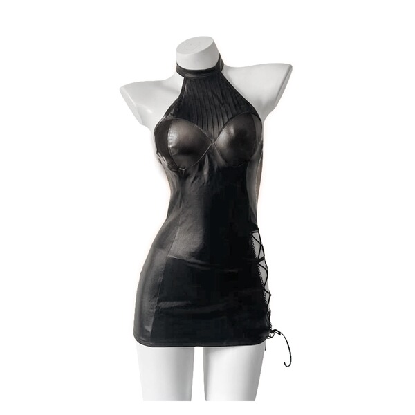 Elegant black lace bodycon dress with halter neck and side lacing, perfect for couples role play and intimate moments.