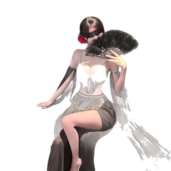 Elegant woman in sensual lingerie set with feather fan, showcasing exotic and sophisticated intimate wear for confident allur...