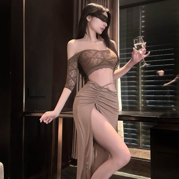 Elegant womens sexy lingerie set featuring shimmering halter top with lace detailing and matching bottoms, perfect for sophis...