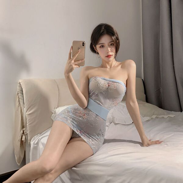 Sexy lace-up cheongsam mini dress with embroidered details, perfect maid outfit for women.