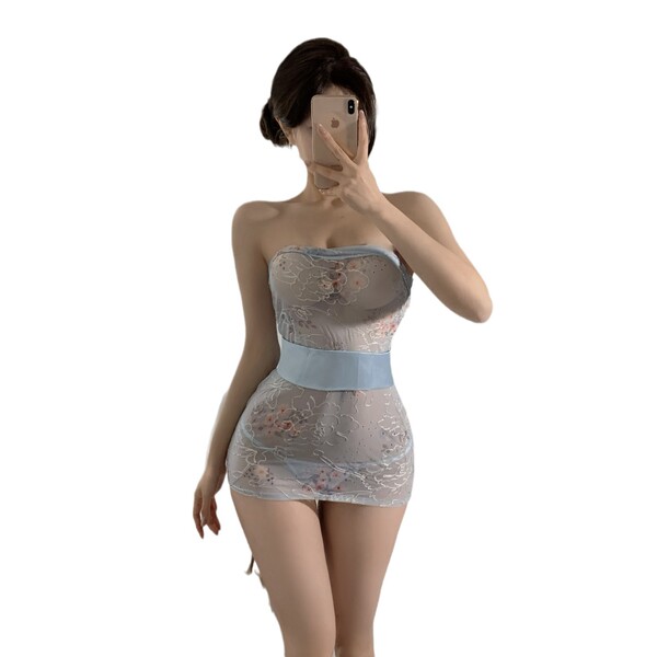 Sexy embroidered kimono lingerie set featuring lace-up cheongsam mini dress, perfect maid outfit for women.