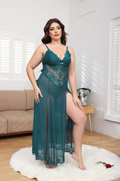 Plus Size Sexy Lace Long Dress Set - Semi-Sheer Backless Transparent Evening Ensemble for Curvy Women - Peacock Green