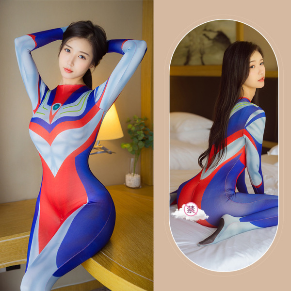 Woman modeling blue and red open-crotch bodysuit lingerie costume set for sexy role play with matching sleepwear.