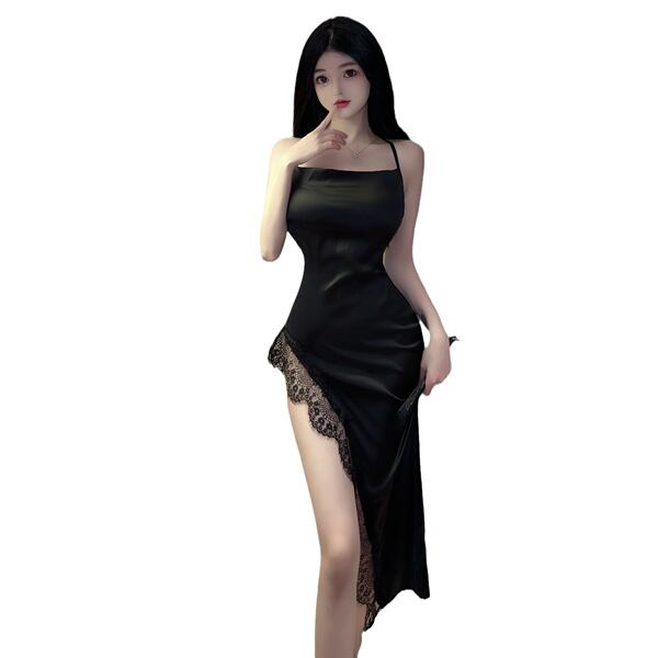 Elegant black satin dress with lace trim and high slit, featuring a backless design for seductive party or cosplay looks.