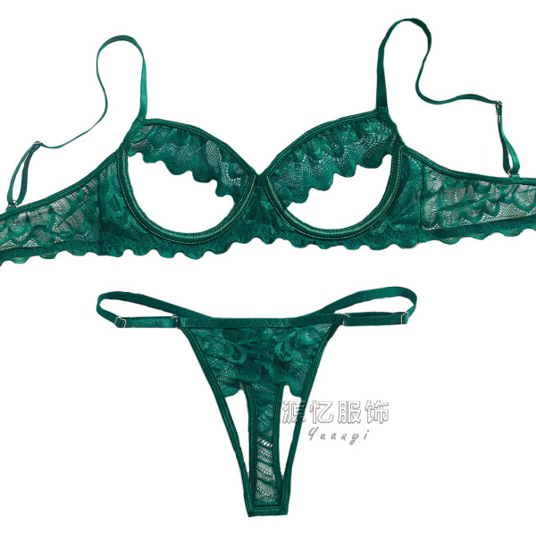 Emerald green lace bra and panty set with sheer panels, minimalist european-style lingerie two-piece.