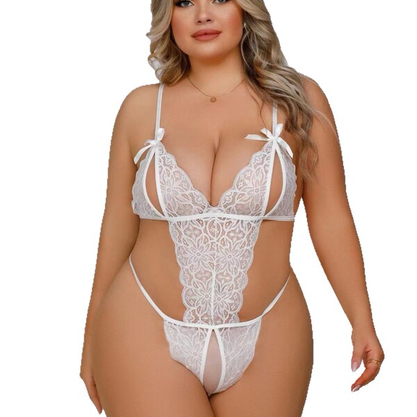 White lace bodysuit with delicate floral patterns and adjustable straps, featuring a backless design for a seductive look.