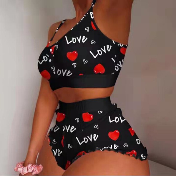 European-american fashion lace trim tank top & shorts sleep set - sweet womens matching loungewear pajamas featuring love hea...