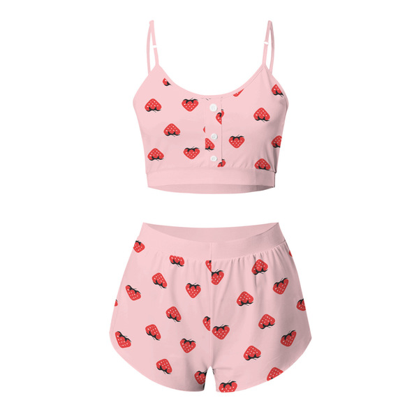 European-american fashion lace trim tank top & shorts sleep set - sweet womens matching loungewear pajamas featuring strawber...