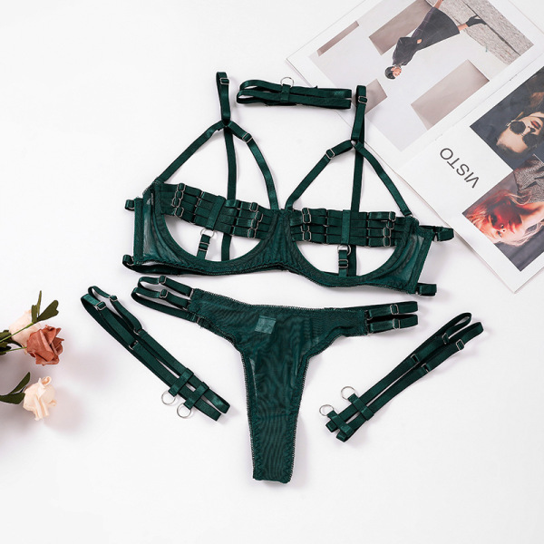 Sexy dark green lingerie set with sheer mesh, lace details, and adjustable straps for a provocative look.