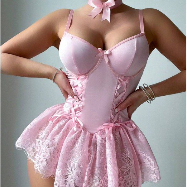 Pink lace chemise set with sheer mesh and satin tie-strap design, perfect for womens sleepwear.