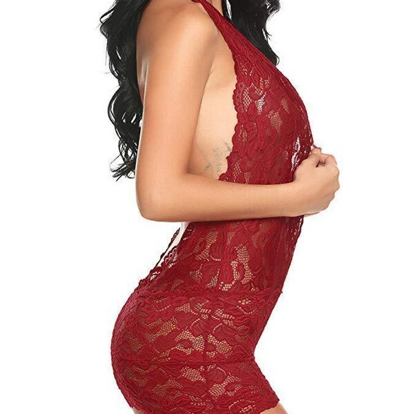 Sexy lace nightgown featuring v-neck halter design, stretchy floral embroidery, perfect for women seeking elegance and comfor...