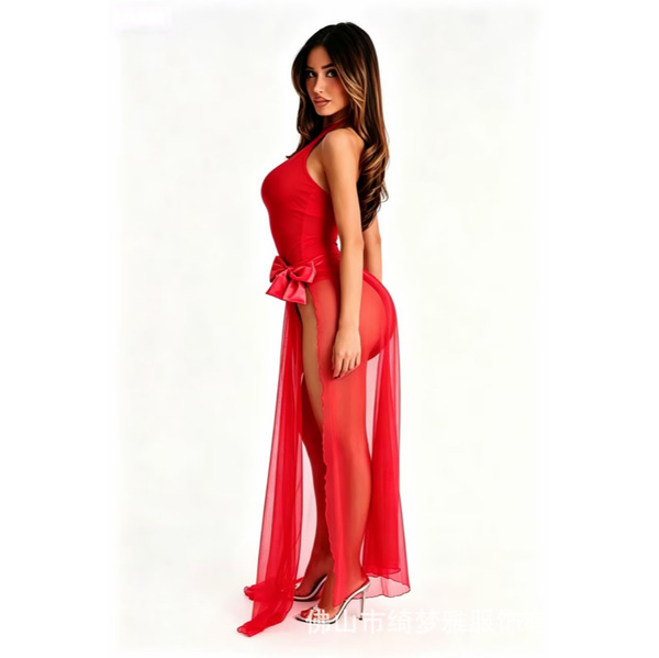 Sexy red sheer lace nightgown featuring a bow detail, perfect for women seeking elegant sleepwear.