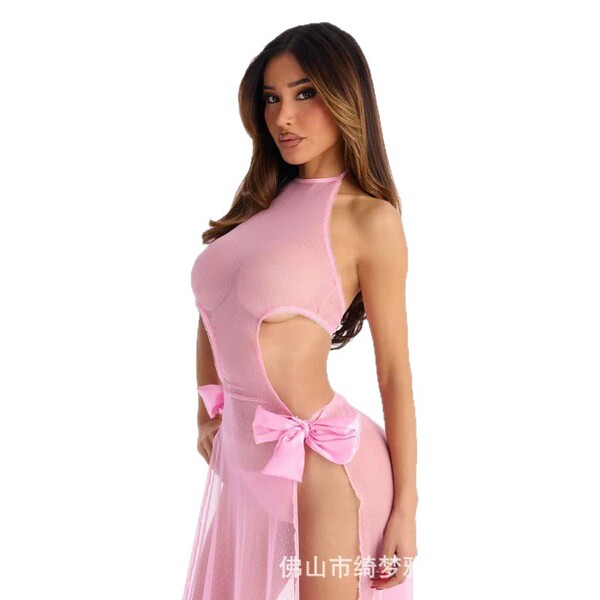 Sexy pink sheer lace nightgown with bow detail, european & american style, perfect for women seeking elegant sleepwear.
