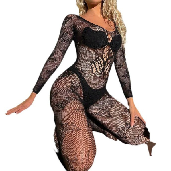 Black lace cut-out bodycon mini skirt set with halter backless design, featuring european-style sexy lingerie details.