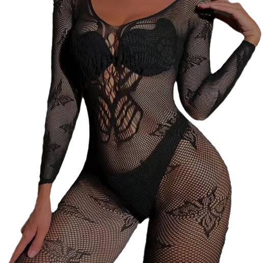 Black lace cut-out bodycon mini skirt set with halter backless design, featuring european-style sexy lingerie details.
