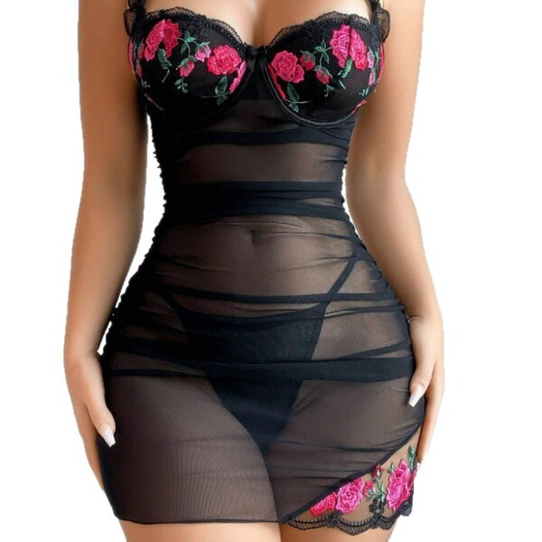 European-style lace mesh erotic sleep dress set featuring sheer floral embroidery babydoll nightgown with adjustable straps.