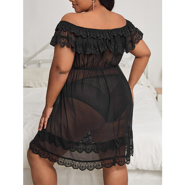 European-style lace sexy sleepwear set featuring an off-shoulder sheer nightgown with matching lace-trimmed lingerie, perfect...
