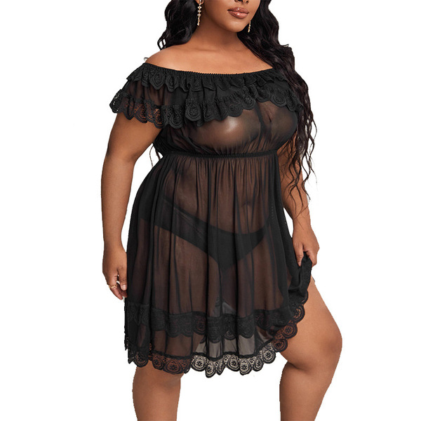 European-style lace sexy sleepwear set featuring an off-shoulder sheer nightgown with matching lace-trimmed lingerie, perfect...