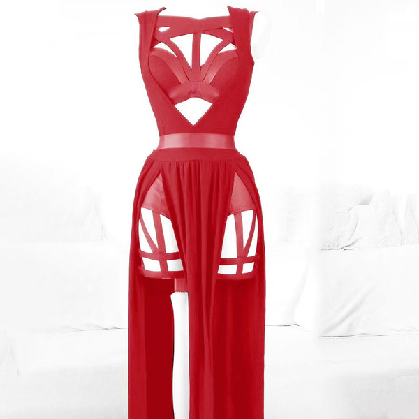 Elegant red bodysuit with intricate lace detailing and sheer mesh skirt, featuring built-in pads for comfort and style. perfe...