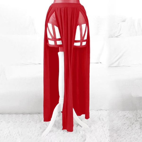 Elegant red bodysuit with sheer mesh skirt featuring cutouts, perfect for european-style sexy lingerie sets.